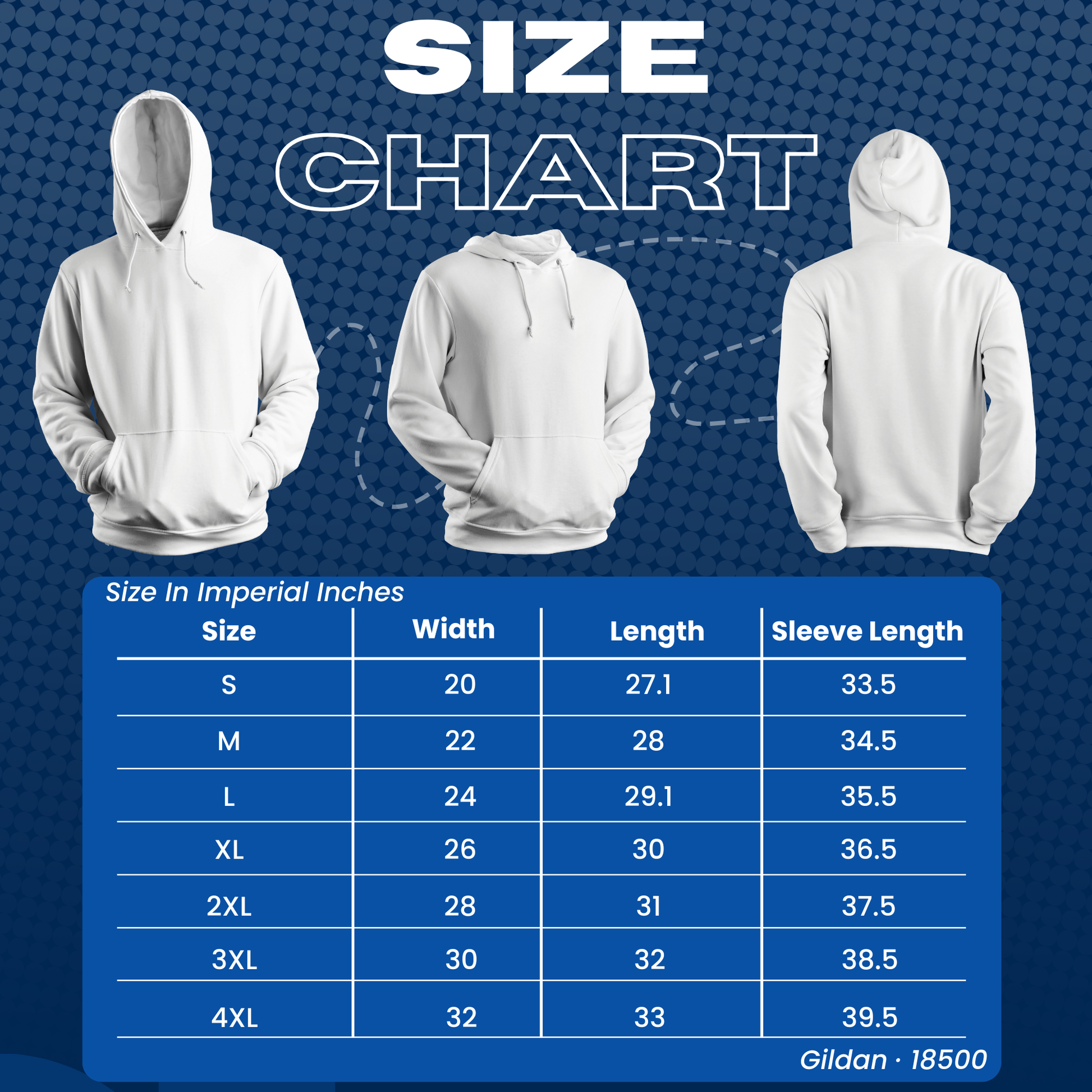 Size chart for a white hoodie with measurements in imperial inches on a blue background.