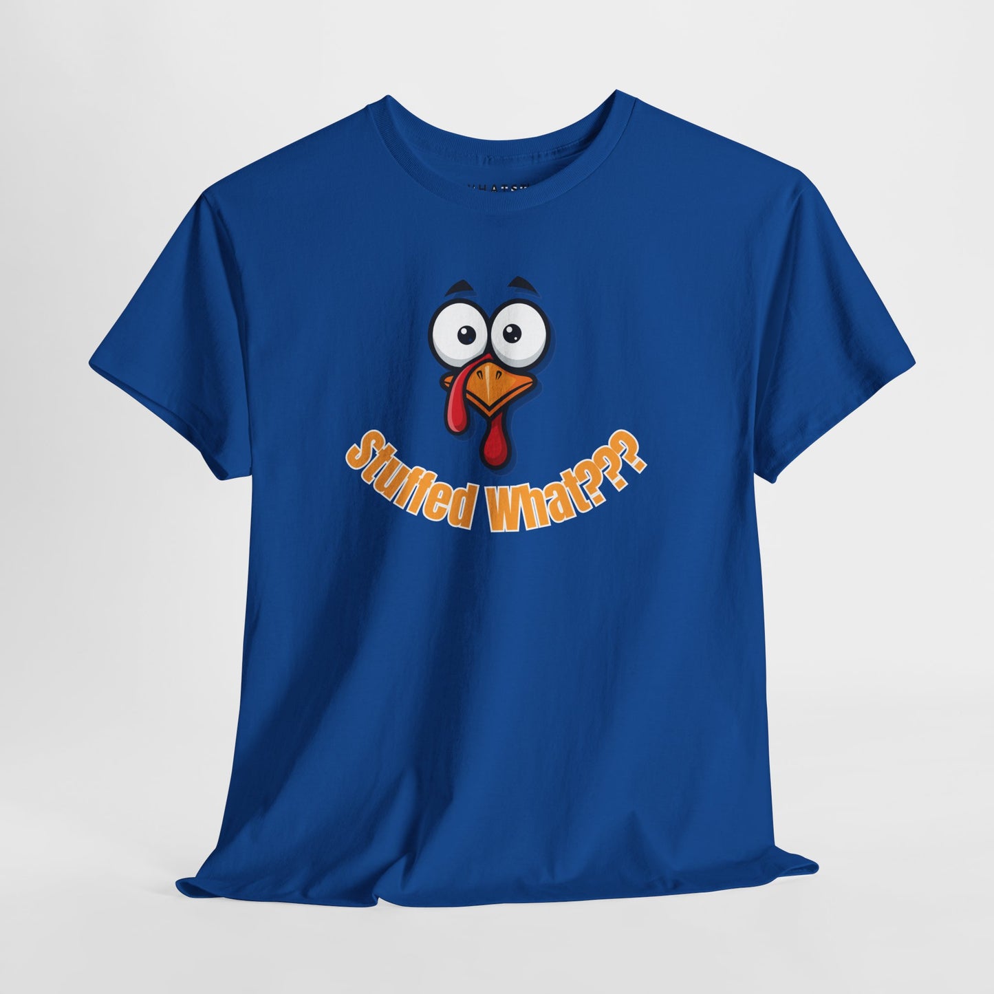 Blue t-shirt with a cartoon turkey face and text on a white background