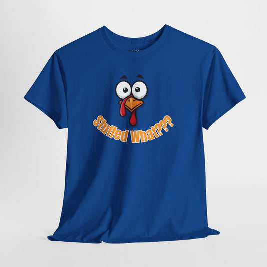 Blue t-shirt with a cartoon turkey face and text on a white background
