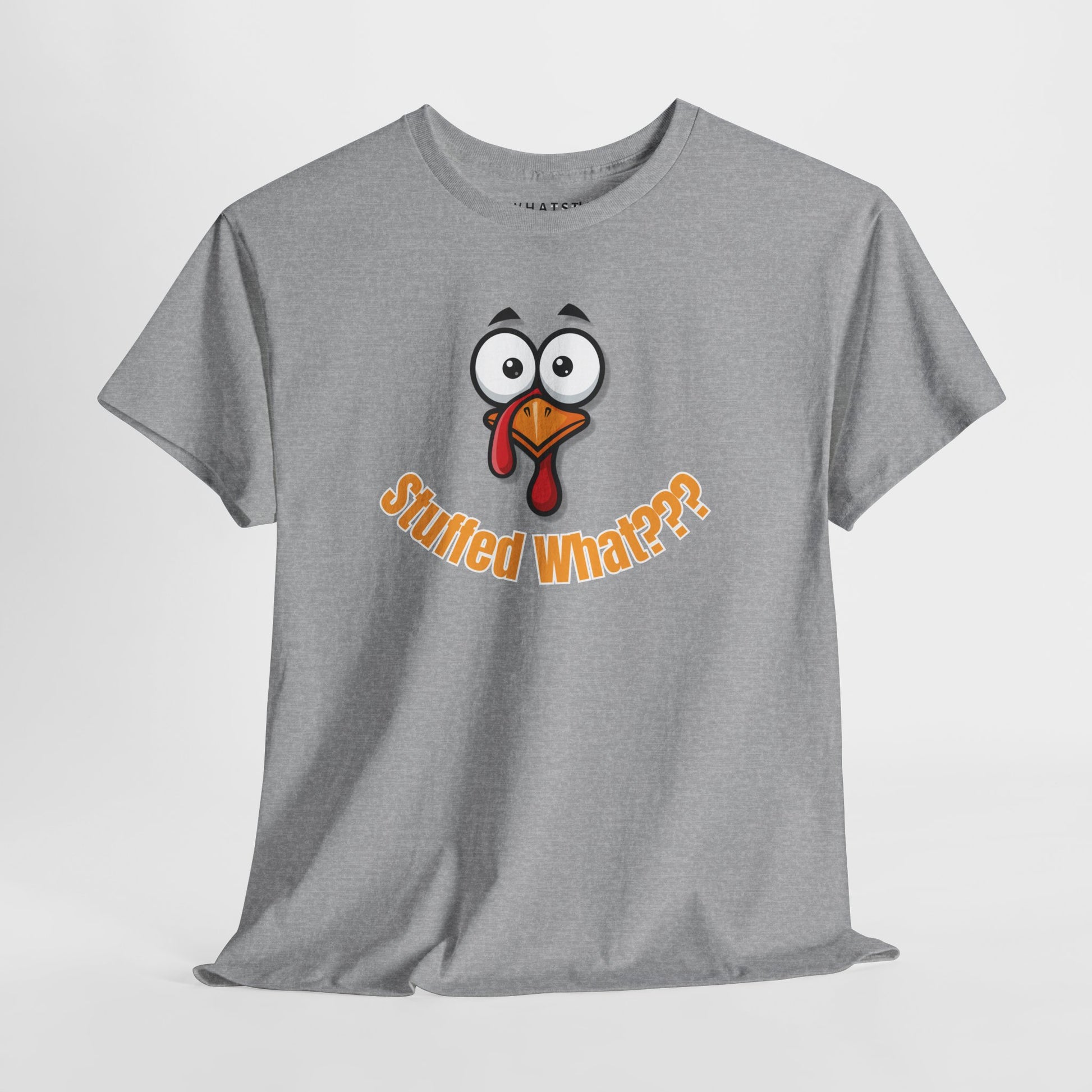 Gray t-shirt with a cartoon turkey face and 'Stuffed What???' text on a white background