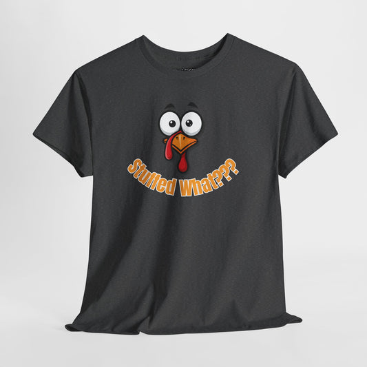 Black t-shirt with a cartoon turkey face and 'Stuffed What???' text on a light gray background