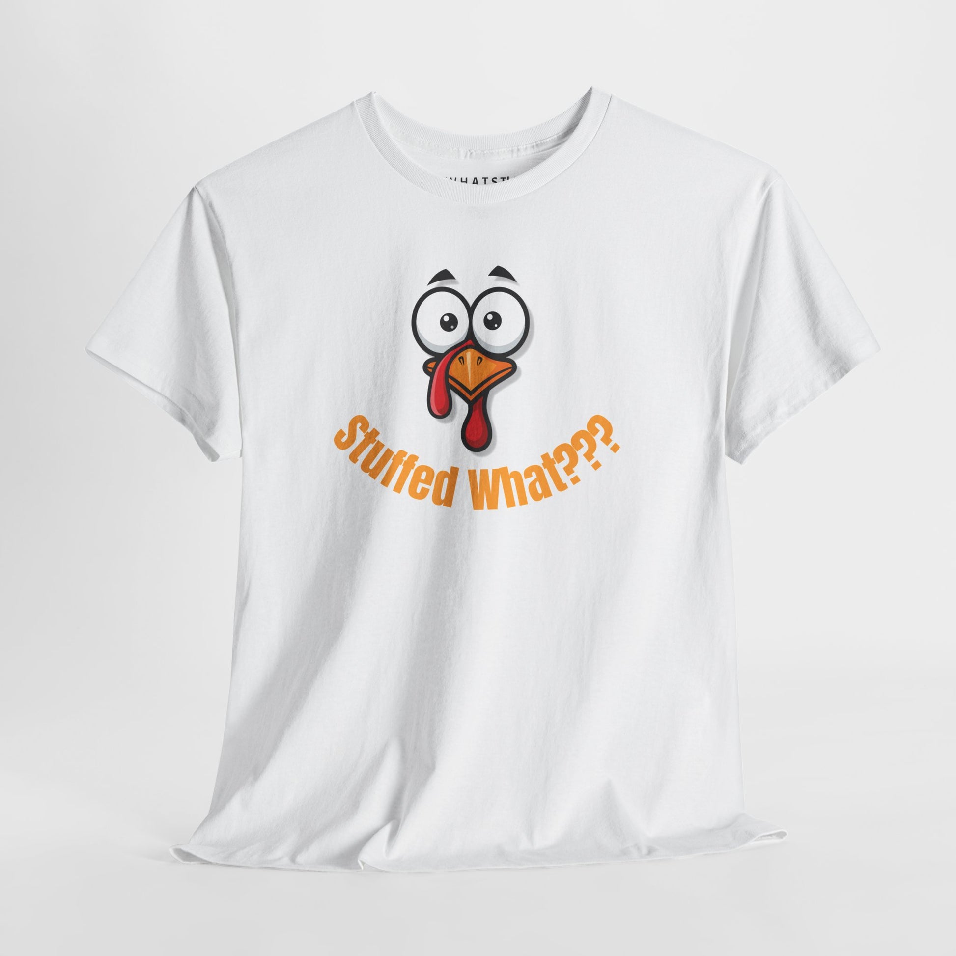 White t-shirt with a cartoon turkey face and text on a white background