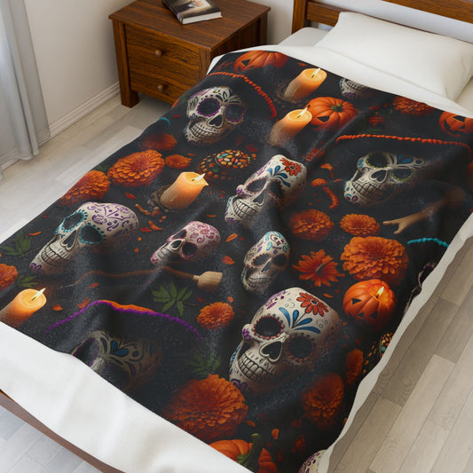 Sugar Skulls & Pumpkin Glow Blanket, Día de los Haunt Edition, Dia de los Muertos Velveteen Plush Blanket