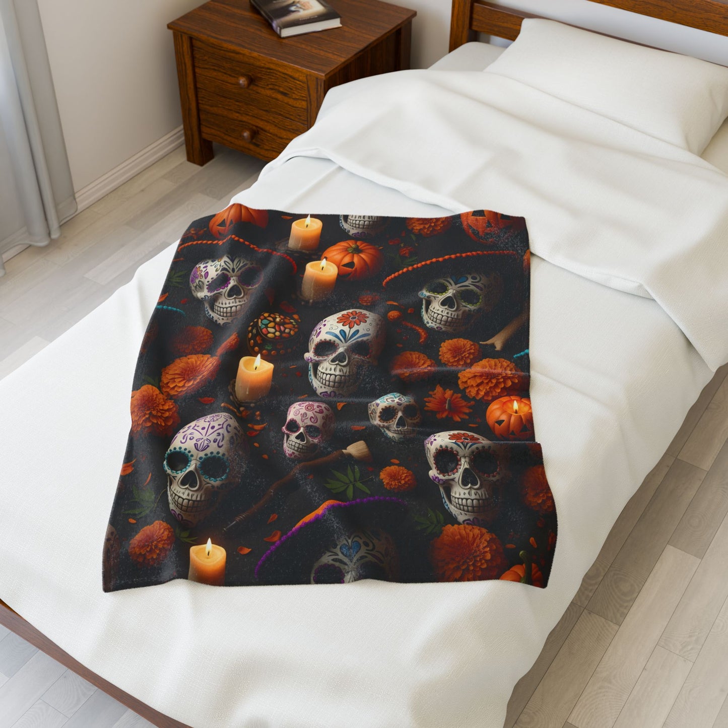 Sugar Skulls & Pumpkin Glow Blanket, Día de los Haunt Edition, Dia de los Muertos Velveteen Plush Blanket