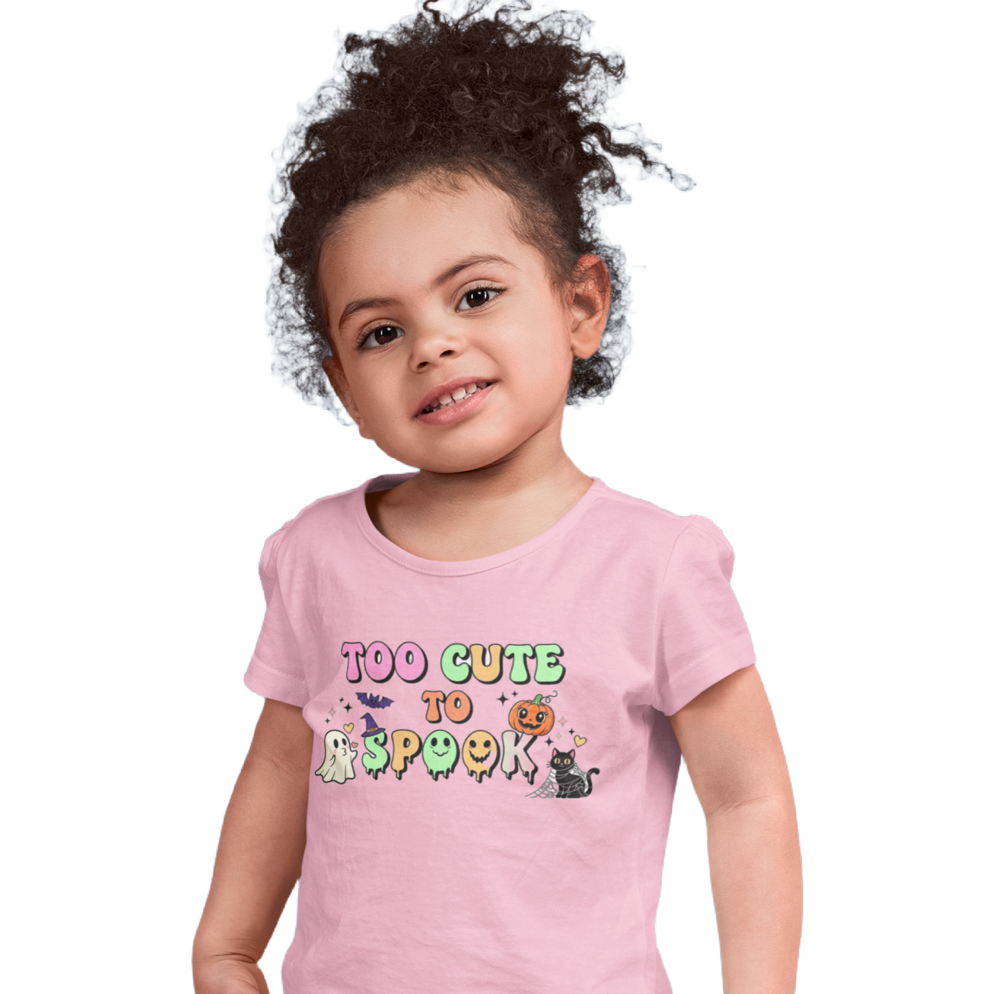 Child wearing a pink t-shirt with 'Too Cute to Spook' text and graphics on a white background