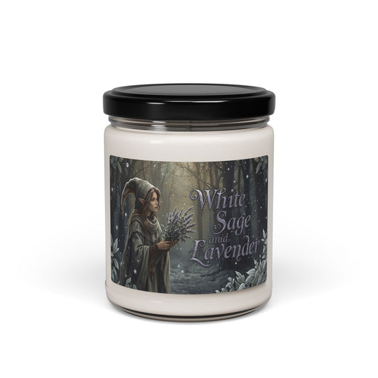 Candle jar with a label featuring an elf-like figure and text 'White Sage and Lavender' on a white background.