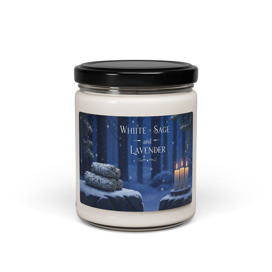 Candle jar with a label featuring a winter scene and product name on a white background