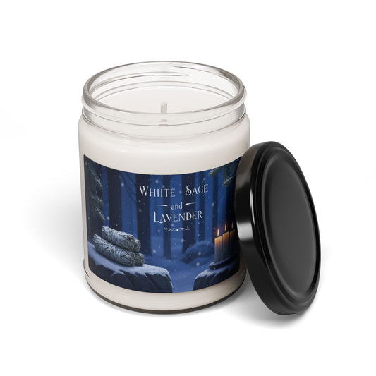 Candle jar with a label featuring 'White Sage and Lavender' on a white background