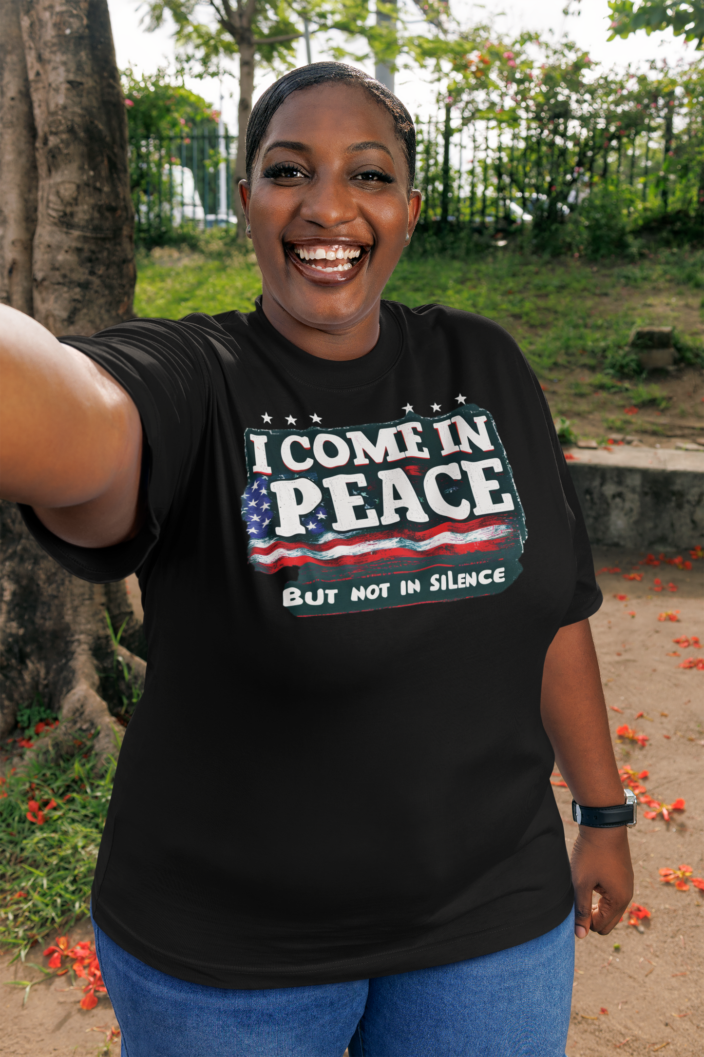 Black t-shirt with stars and stripes ‘I Come in Peace But Not in Silence’ design