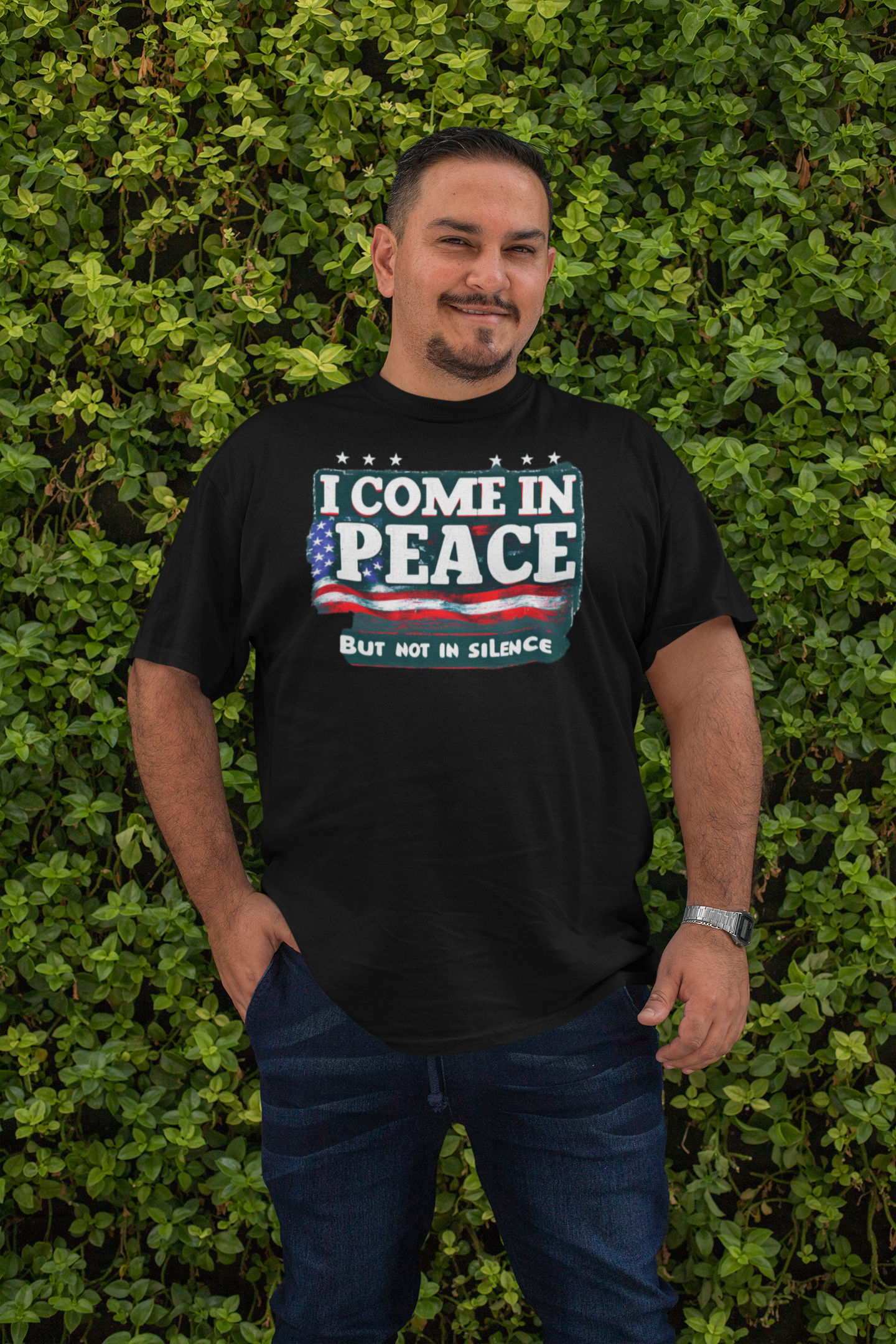 Black t-shirt with stars and stripes ‘I Come in Peace But Not in Silence’ design