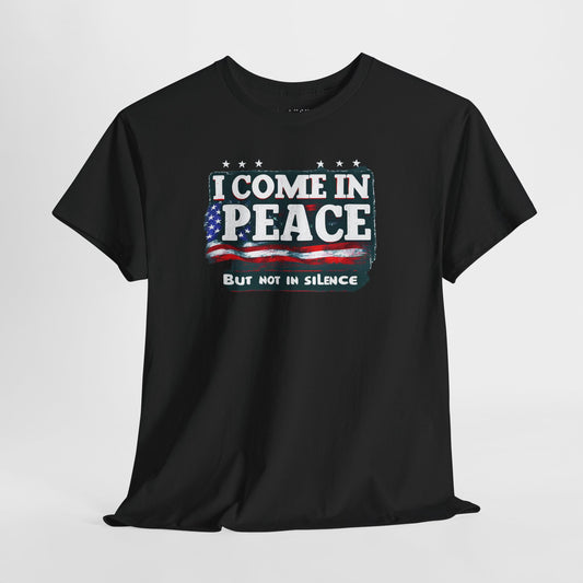 Black t-shirt with stars and stripes ‘I Come in Peace But Not in Silence’ design