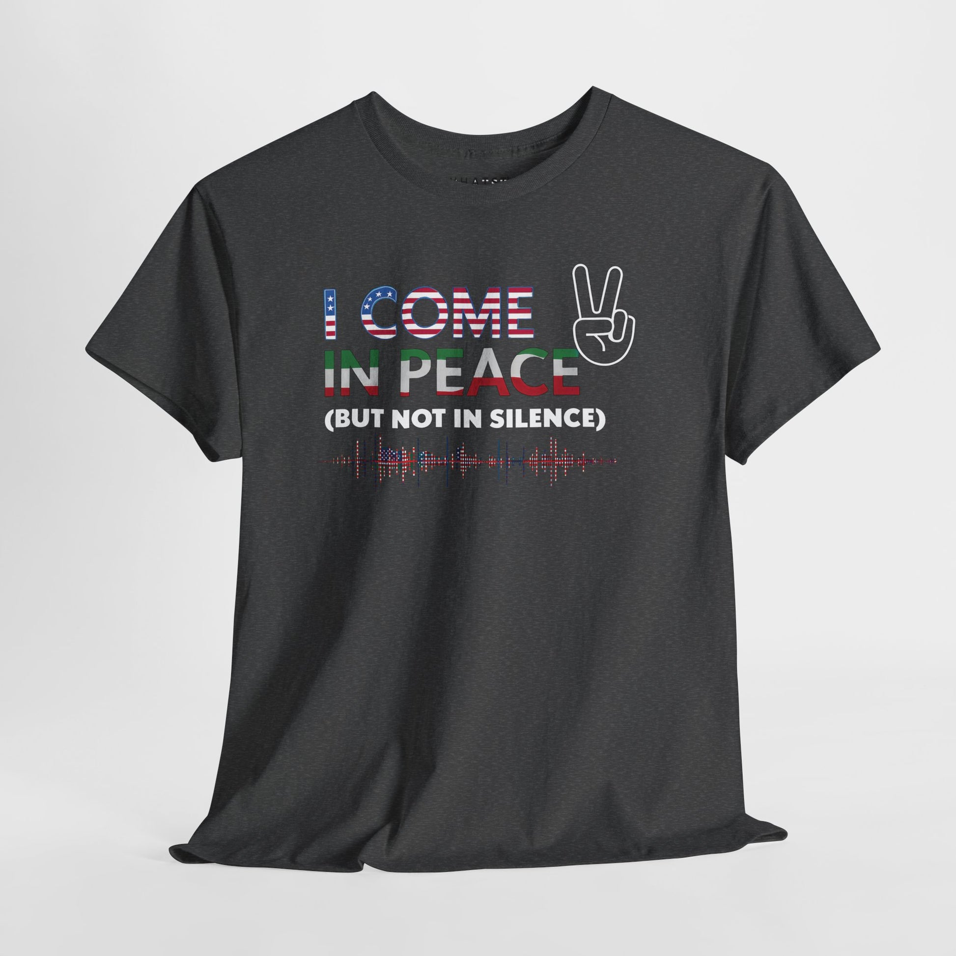 Dark heather shirt with peace sign, soundwave, and ‘I Come in Peace’ activist design