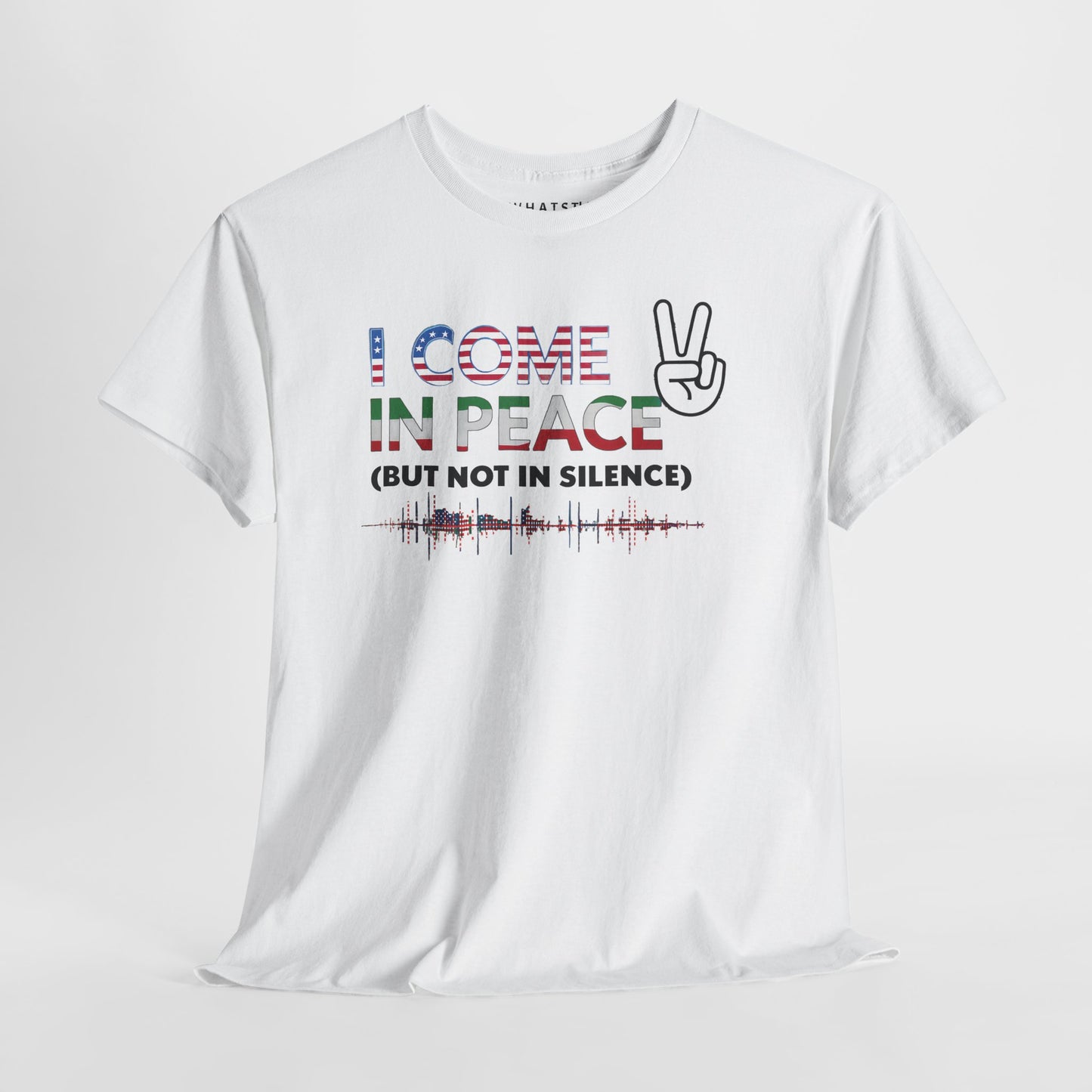 White t-shirt with patriotic and Pan-African ‘I Come in Peace’ graphic and soundwave