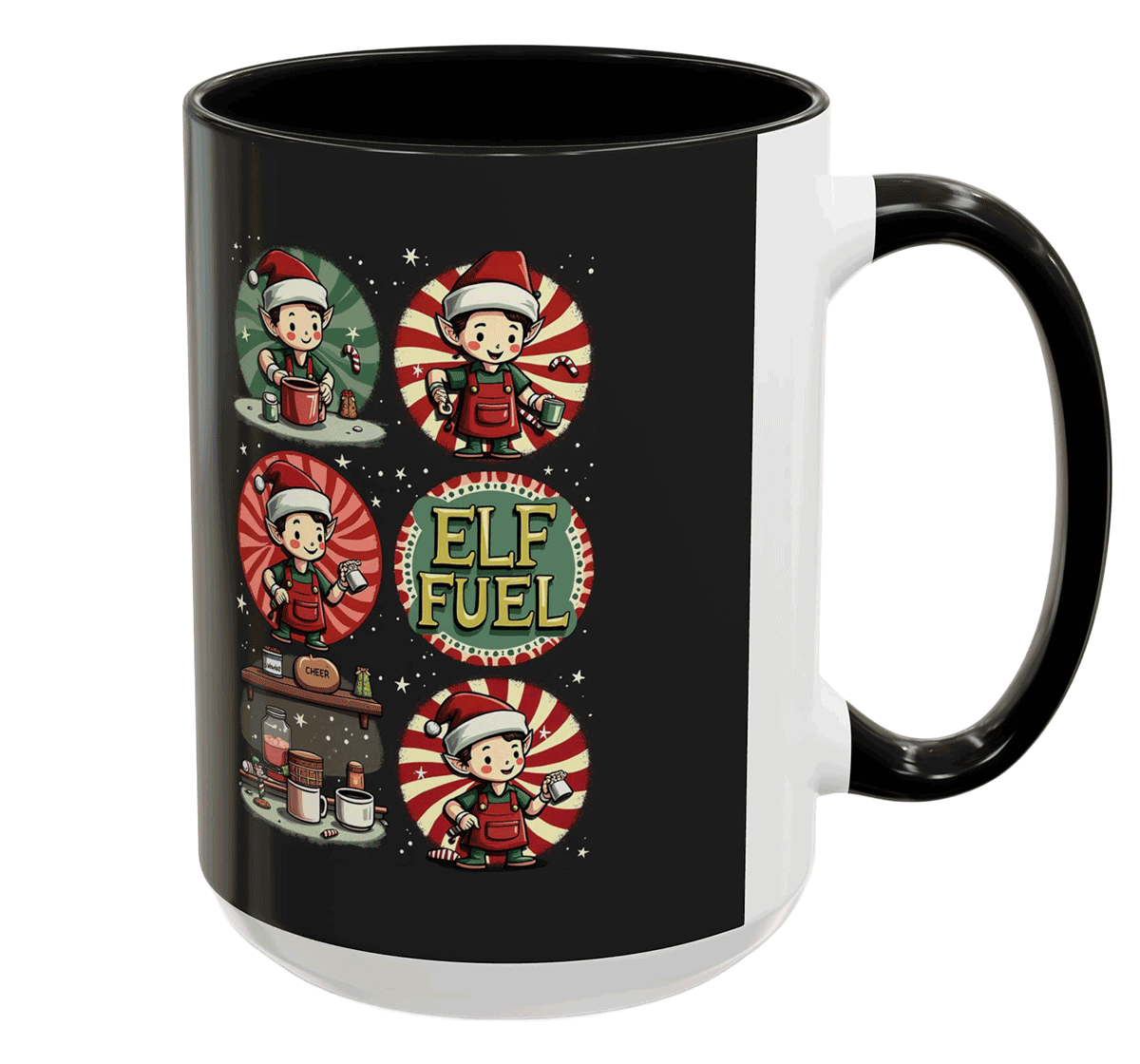 ELF FUEL Holiday Mug, Festive Coffee Cup with Whimsical Elf Art