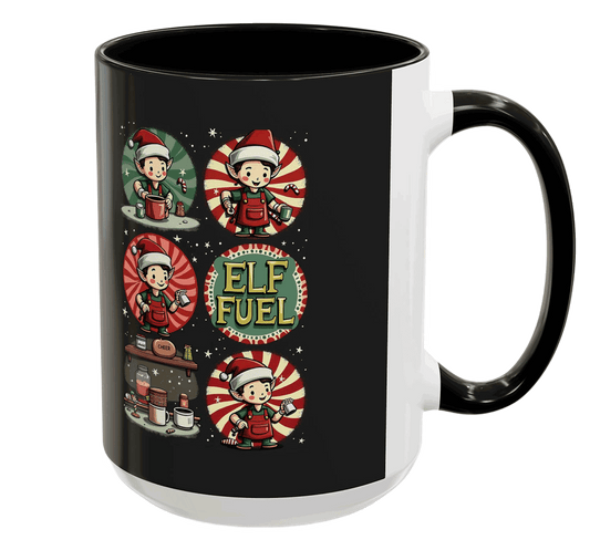 ELF FUEL Holiday Mug, Festive Coffee Cup with Whimsical Elf Art