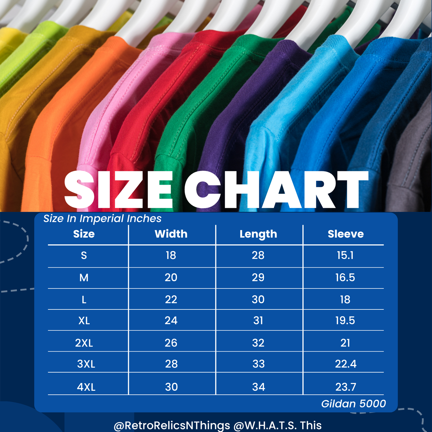 Size chart for Gildan 5000 shirts from S to 4XL with width, length, sleeve