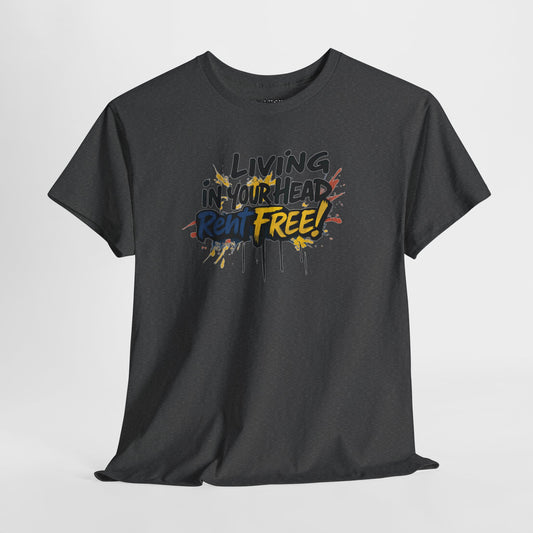 Charcoal t-shirt with ‘Living in Your Head Rent Free’ colorful graphic design