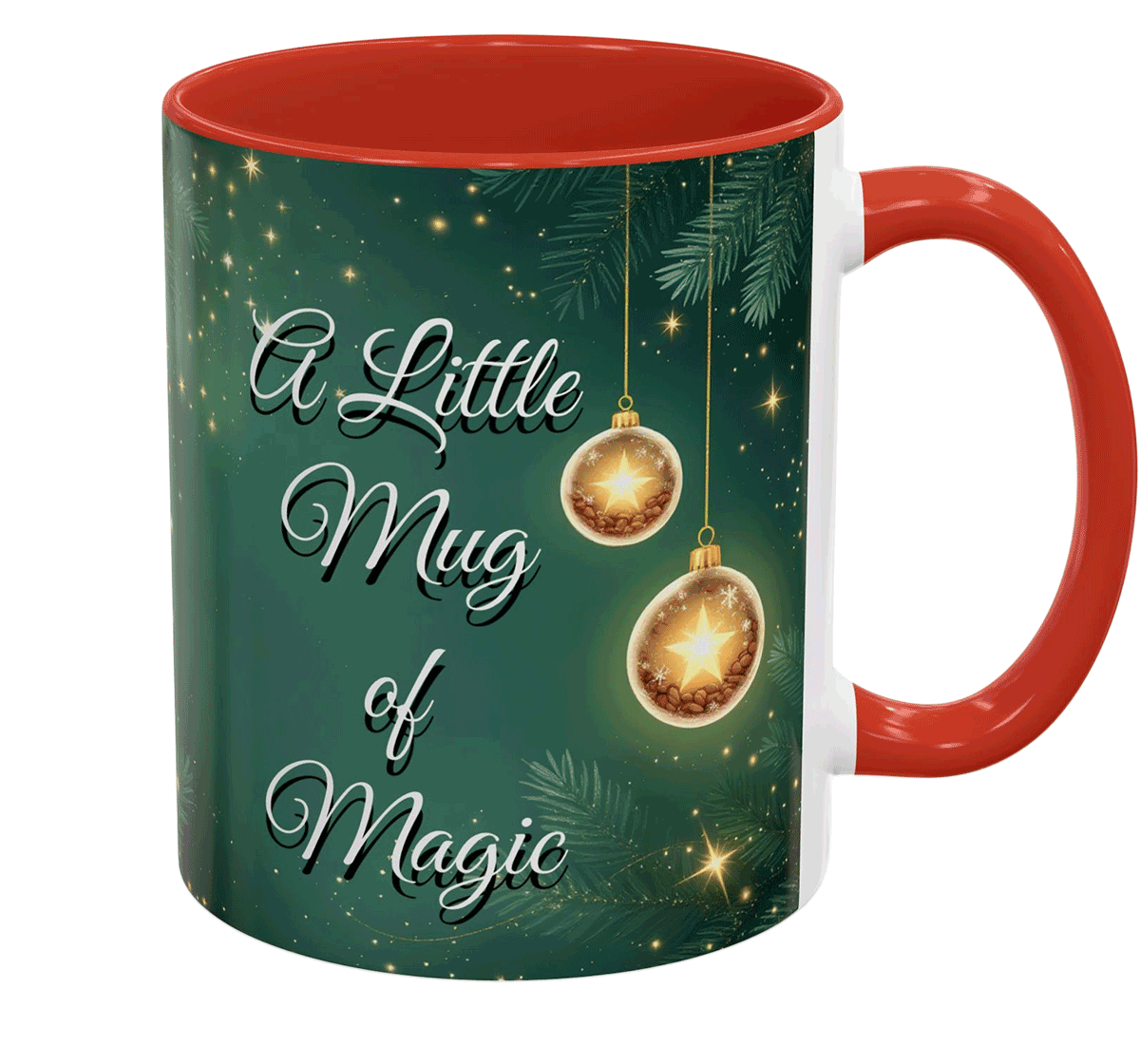 A Little Mug of Magic, Holiday Coffee Cup with Ornaments & Sparkle