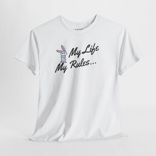 White shirt featuring expressive rabbit graphic and ‘My Life My Rules…’ text