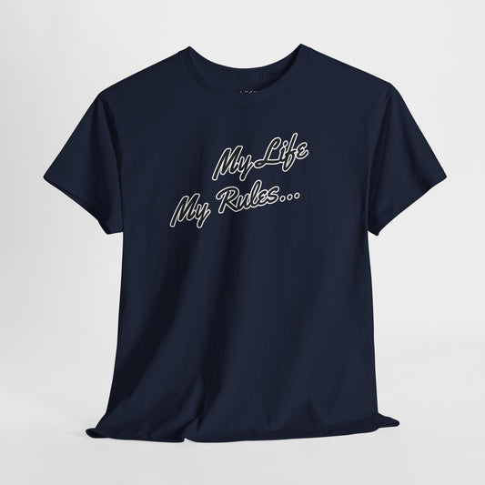 Navy tee with expressive ‘My Life My Rules…’ cursive message design