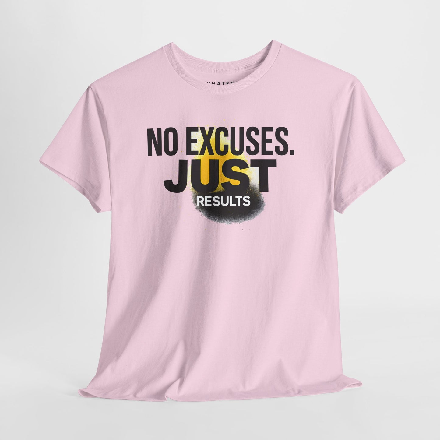 Pink fitness shirt with ‘No Excuses. Just Results.’ in gym setting