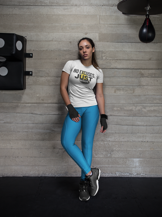 White t-shirt with ‘No Excuses. Just Results.’ worn in gym with punching bag