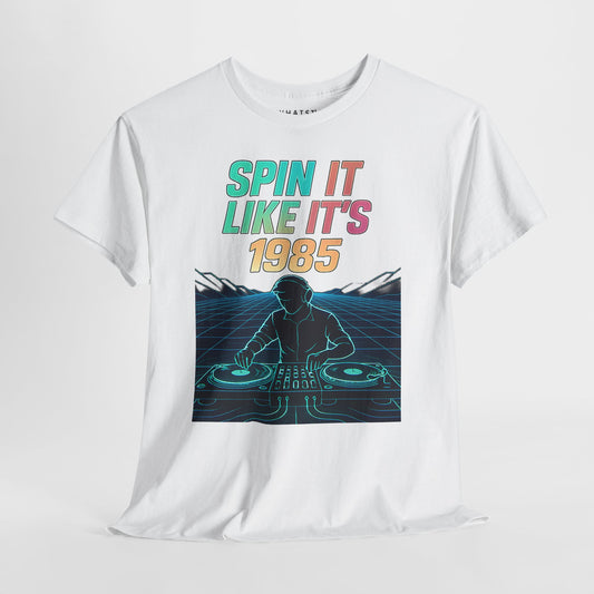 White t-shirt with neon DJ illustration and bold 1985 throwback text