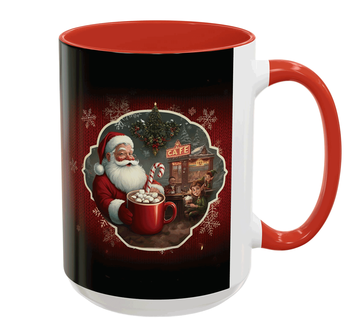 Santa’s Cocoa Café Mug, Christmas Cup with Cozy Holiday Scene