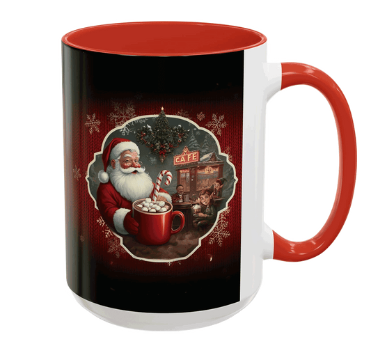 Santa’s Cocoa Café Mug, Christmas Cup with Cozy Holiday Scene