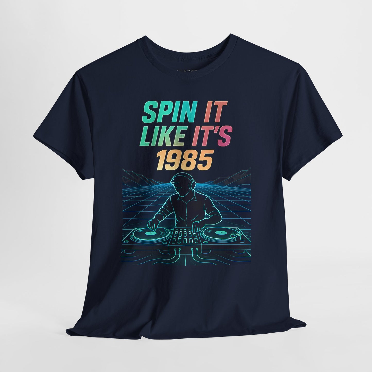 Navy blue shirt featuring retro DJ art and multicolor ‘Spin It Like It’s 1985
