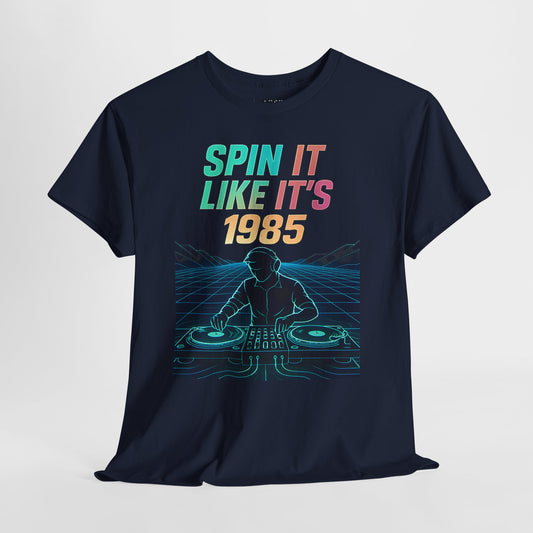 Navy blue shirt featuring retro DJ art and multicolor ‘Spin It Like It’s 1985