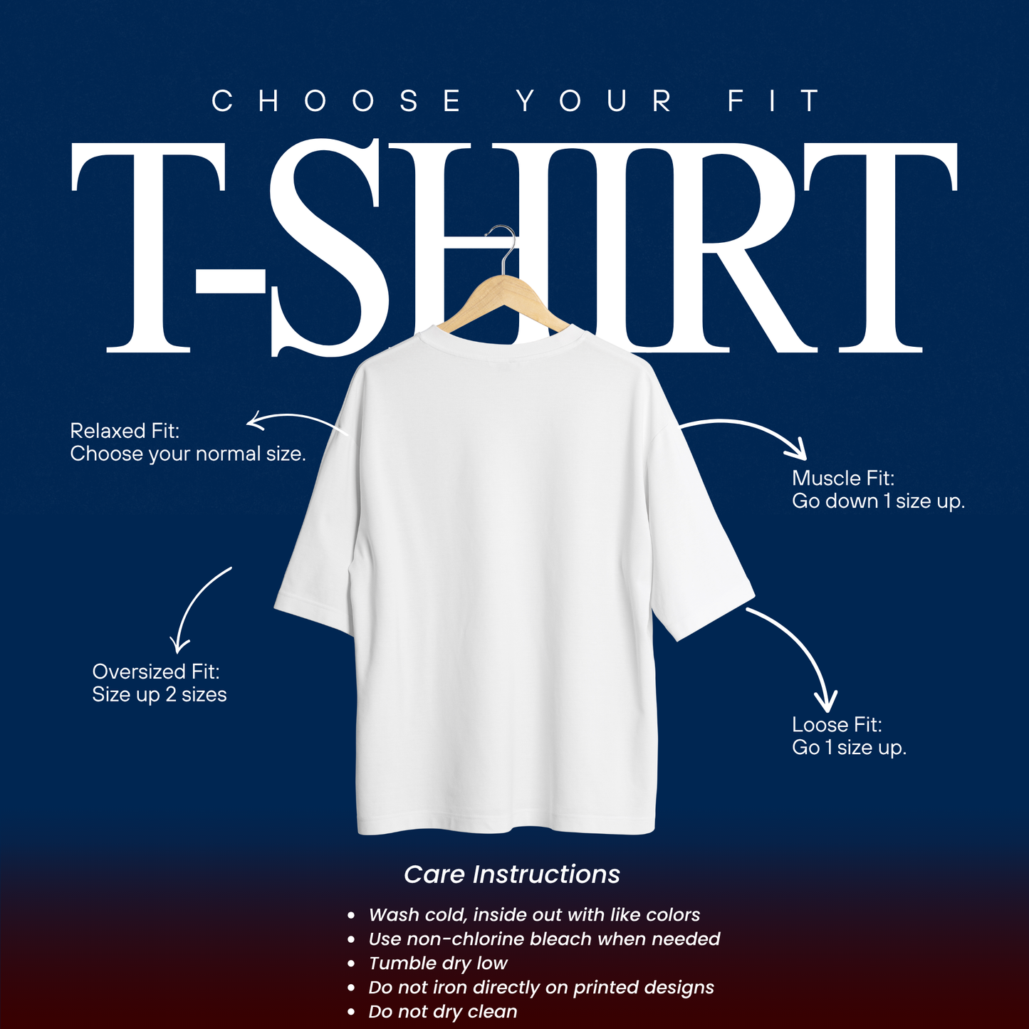 Fit guide for relaxed, oversized, and muscle fit t-shirts with care instructions