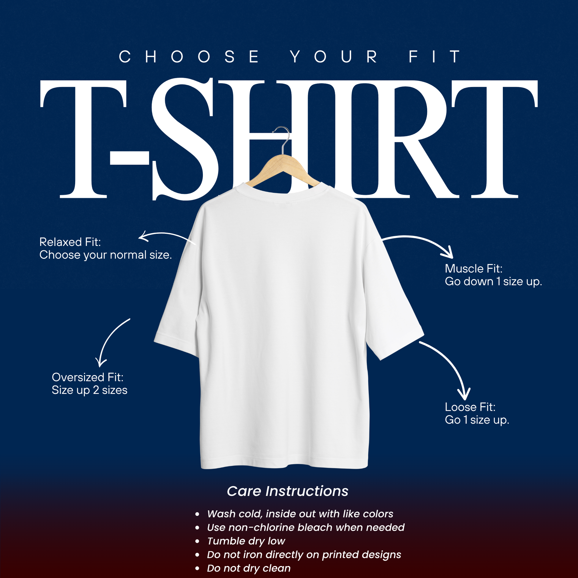 Fit guide for relaxed, oversized, and muscle fit t-shirts with care instructions
