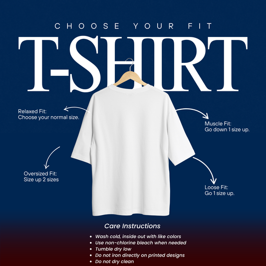 Fit guide for relaxed, oversized, and muscle fit t-shirts with care instructions
