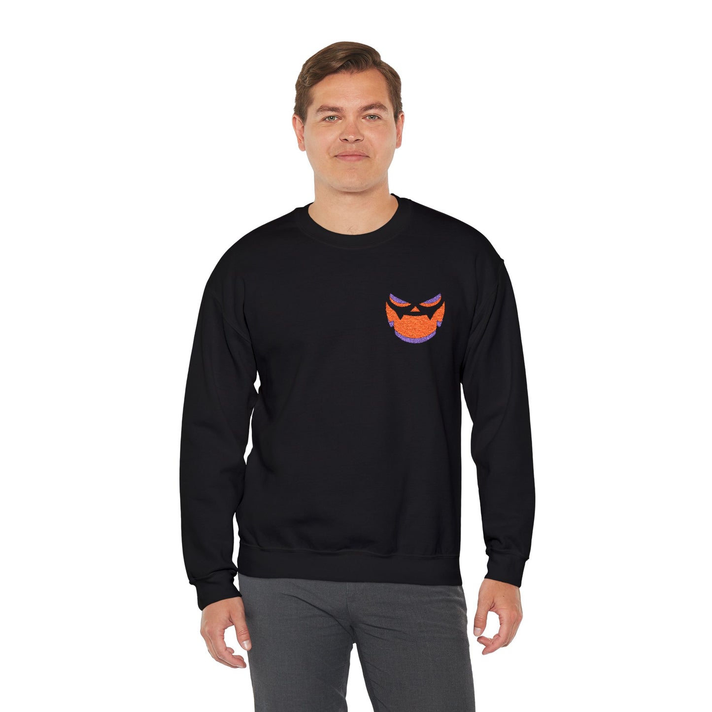 Chomp Halloween Crewneck Embroidered Pumpkin Face Sweatshirt Spooky Fall Outfit Unisex Youth Adult Gildan 18000 Autumn Costume