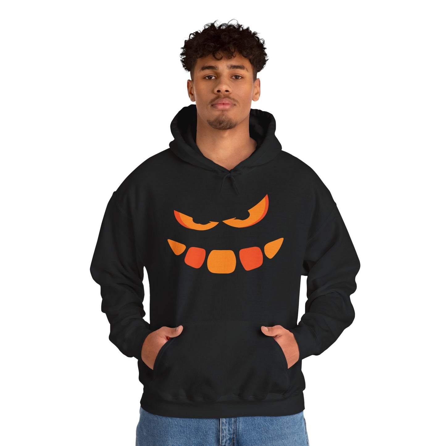 Snaggle Spooky Pumpkin Hoodie, Gildan 18500 Unisex Halloween Sweatshirt, Creepy Snaggle-Tooth Jack-O-Lantern Pullover