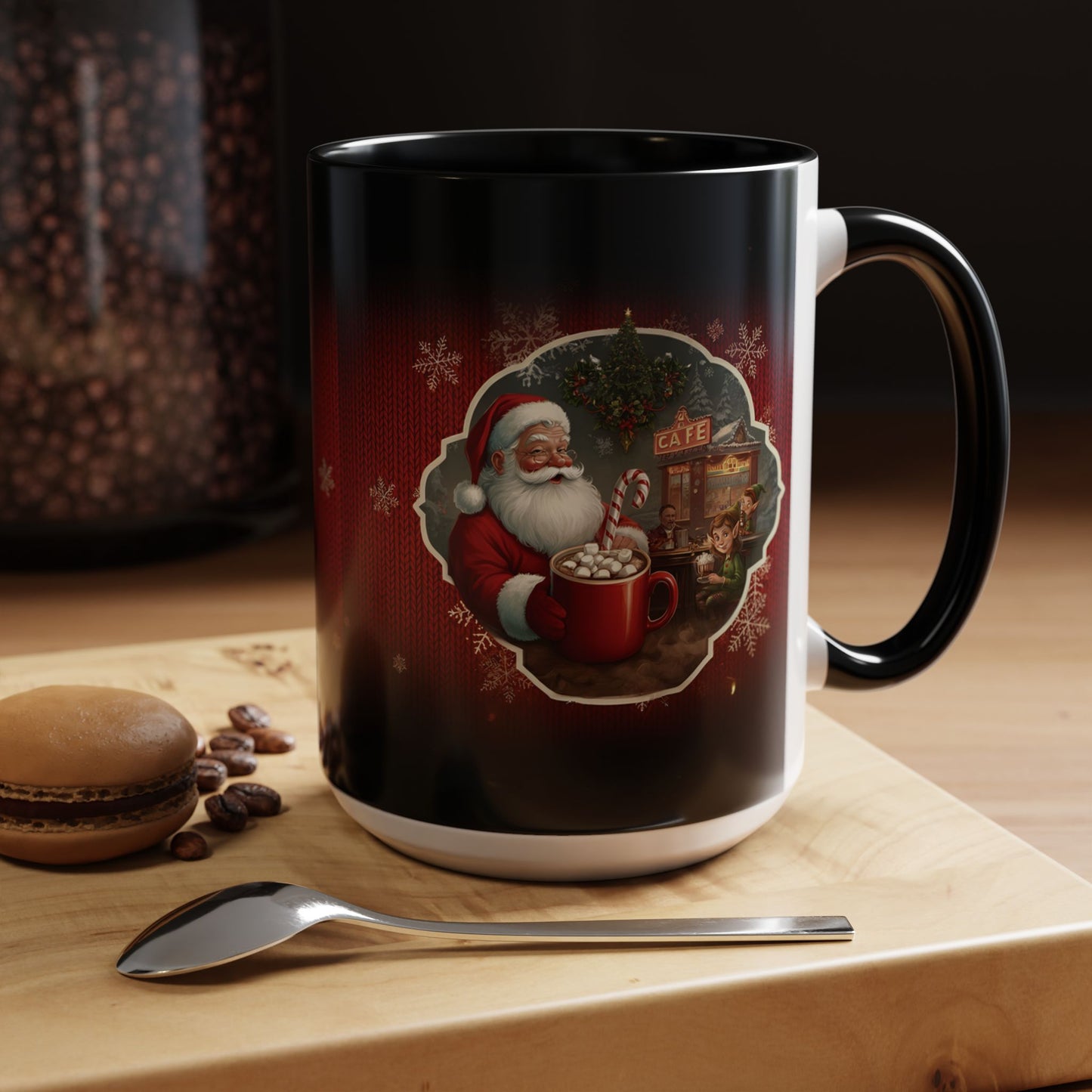 Santa’s Cocoa Café Mug, Christmas Cup with Cozy Holiday Scene