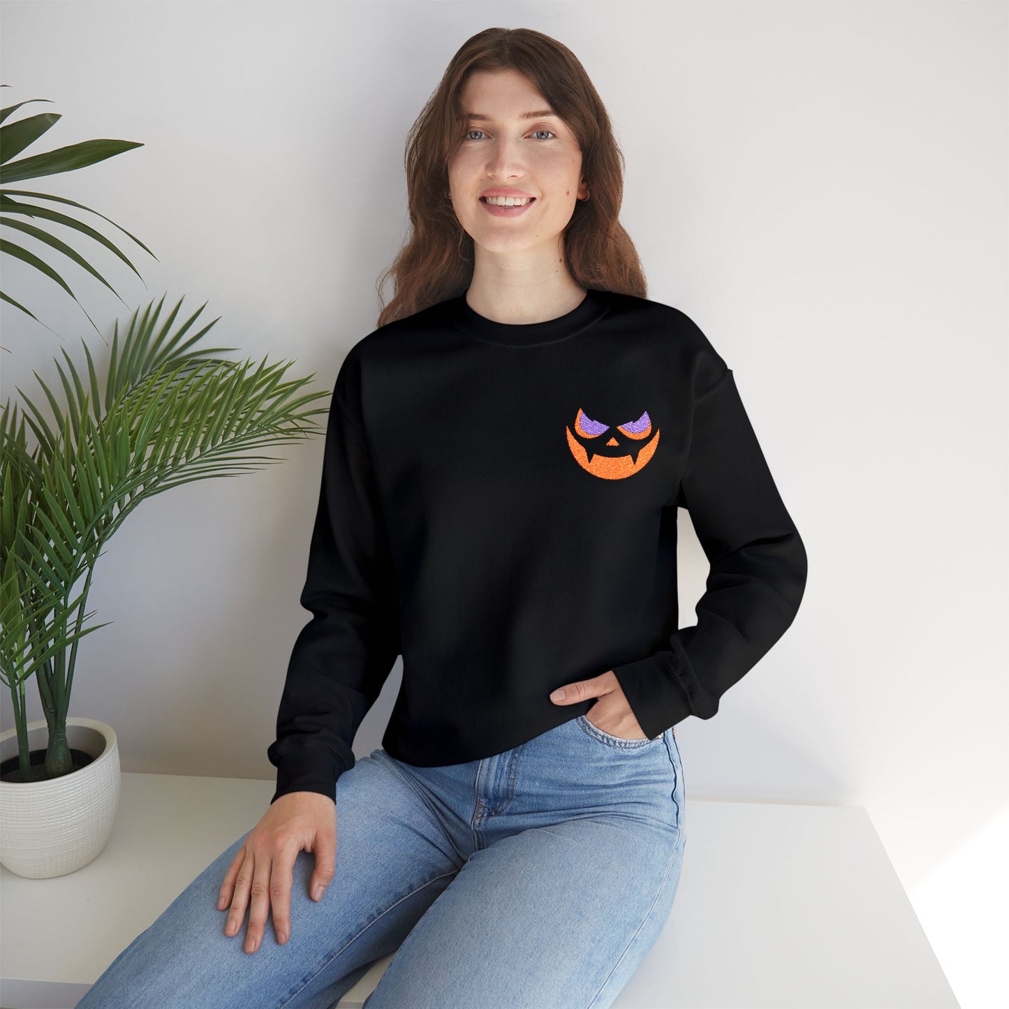 Flicker Halloween Crewneck Embroidered Pumpkin Face Sweatshirt Spooky Fall Outfit Unisex Youth Adult Gildan 18000 Autumn Costume