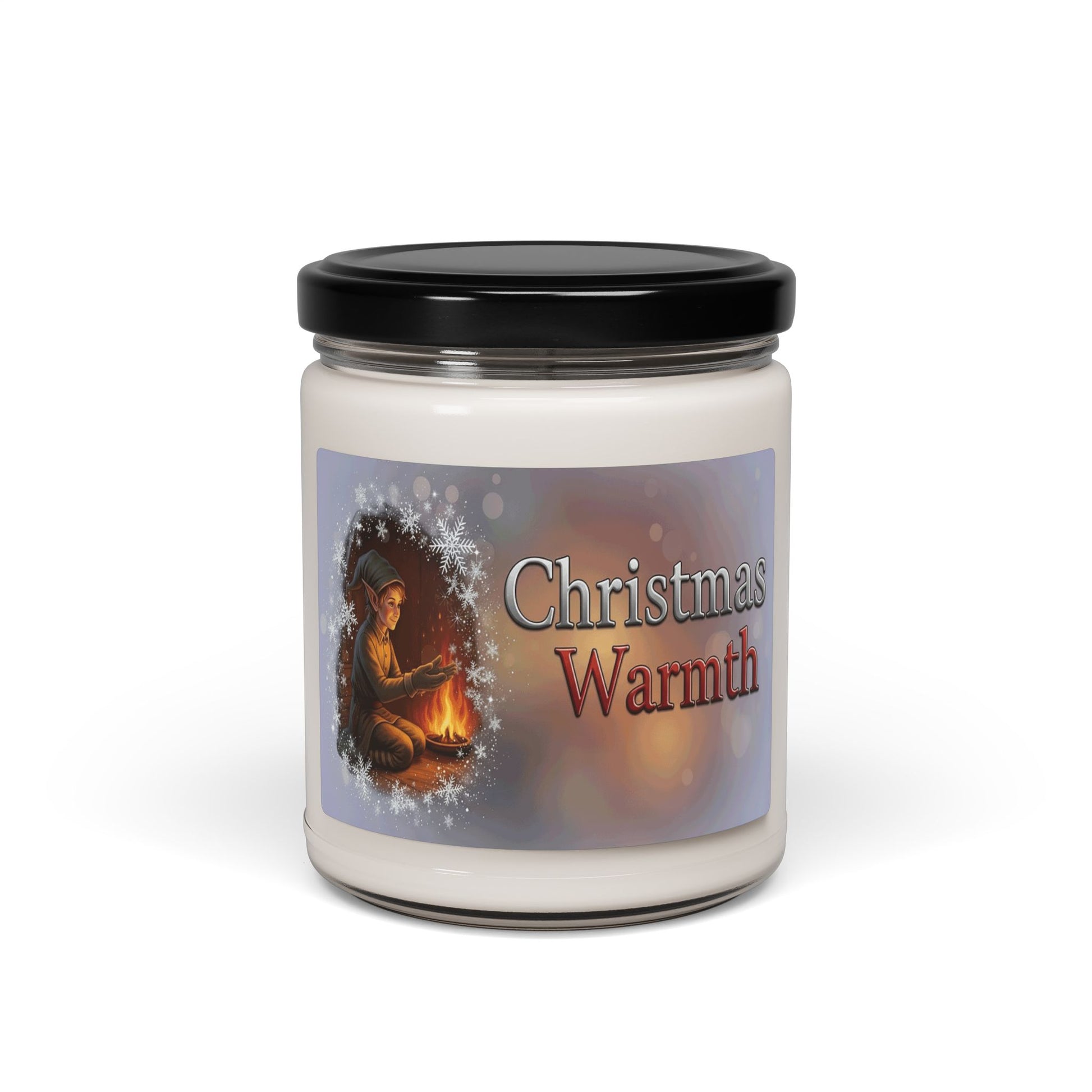 Candle jar labeled 'Christmas Warmth' with a decorative label on a white background