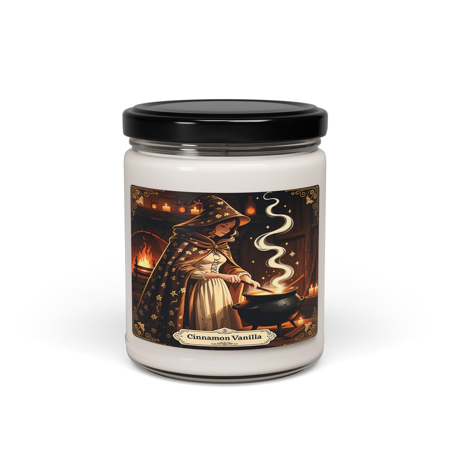 Candle jar with a label featuring a witch and the scent 'Cinnamon Vanilla' on a white background