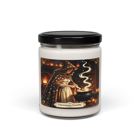 Candle jar with a label featuring a witch and the scent 'Cinnamon Vanilla' on a white background