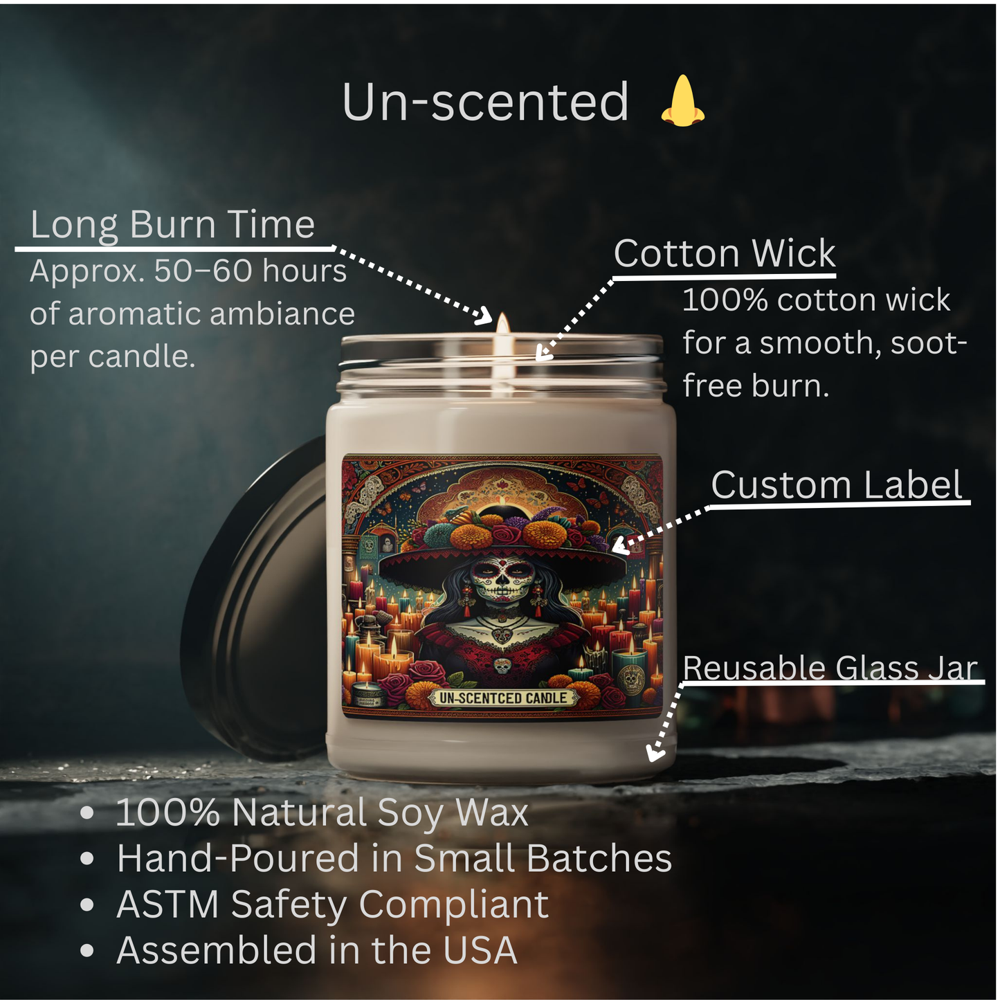 Día de los Muertos Unscented Candle, Vibrant Day of the Dead Candle, Aromatic Candle