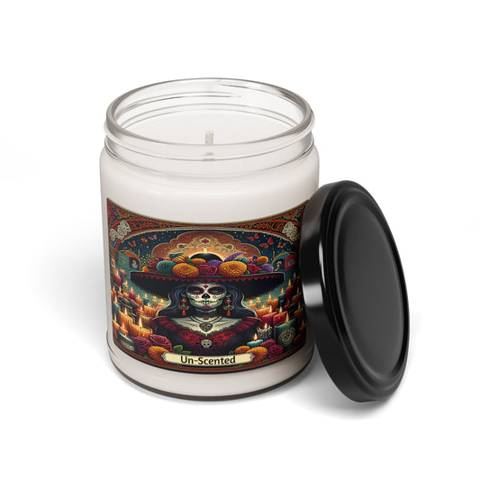Candle jar with colorful label featuring a skeleton in a sombrero and 'Un-Scented' text on a white background.