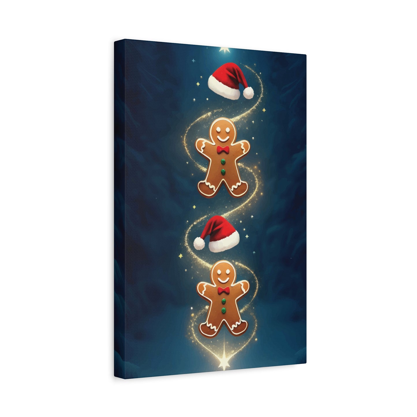 Canvas print with gingerbread men and Santa hats on a dark blue background