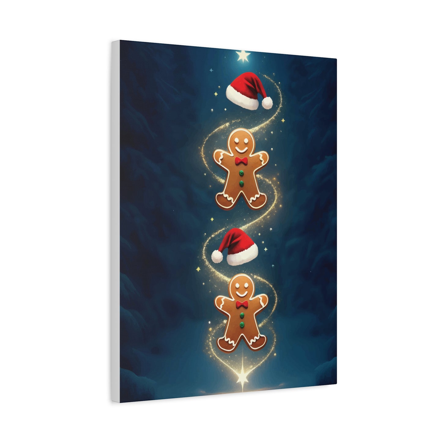Gingerbread man with Santa hats and sparkling trail on a dark blue background
