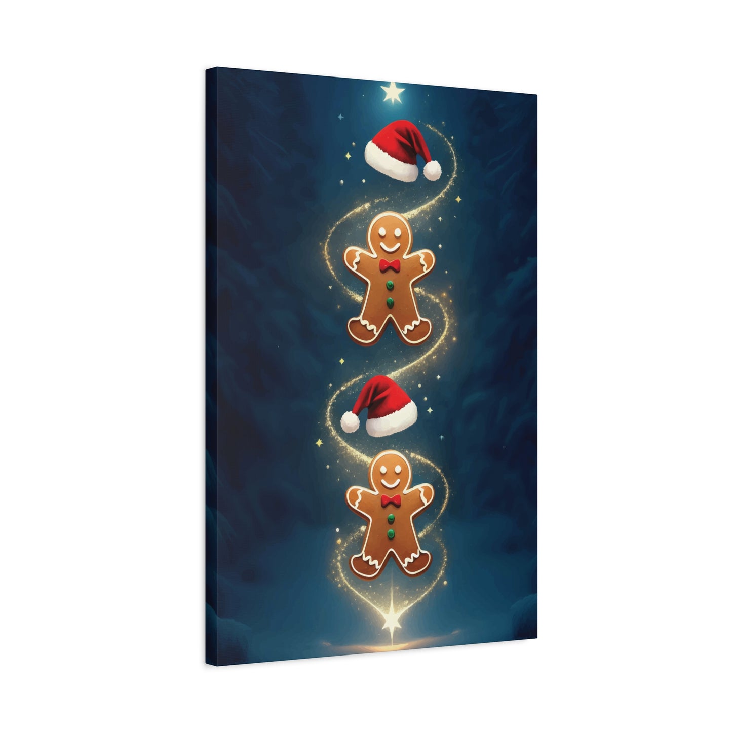 Canvas print with gingerbread men and Santa hats on a dark blue background
