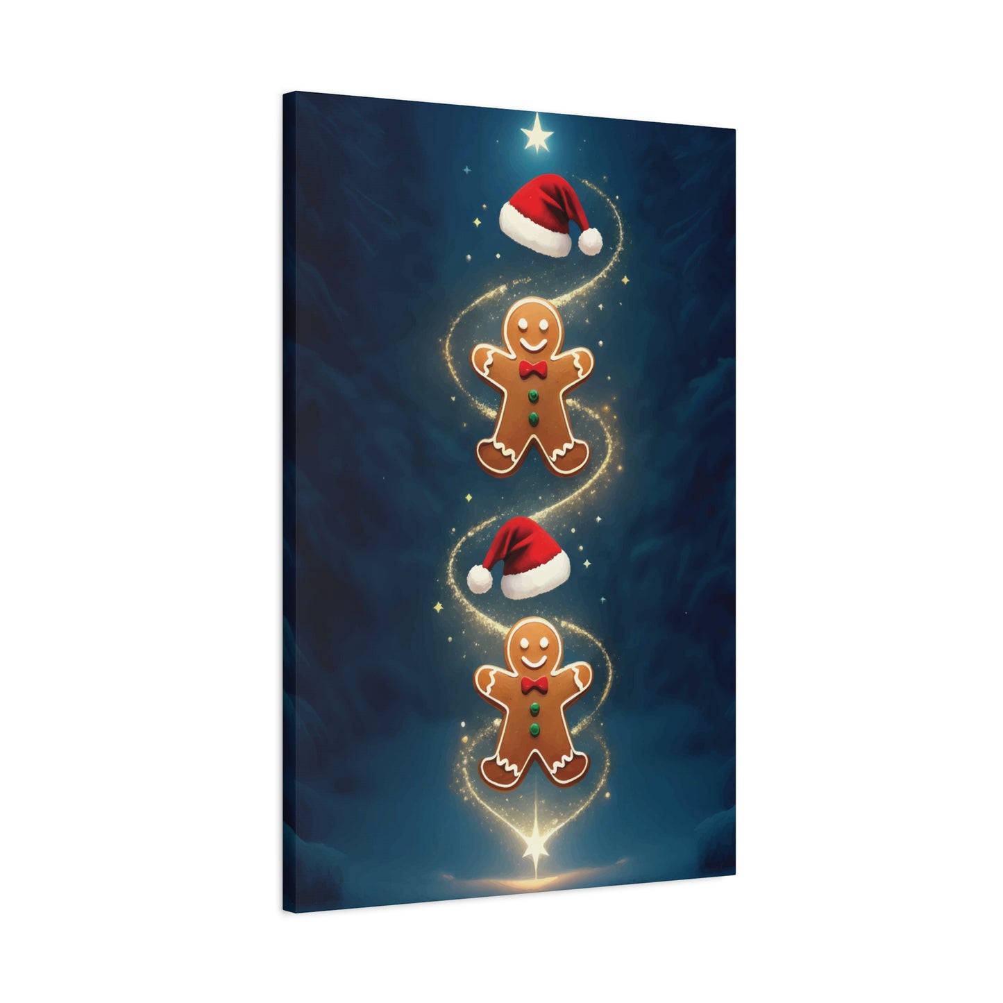 Canvas print with gingerbread men and Santa hats on a dark blue background