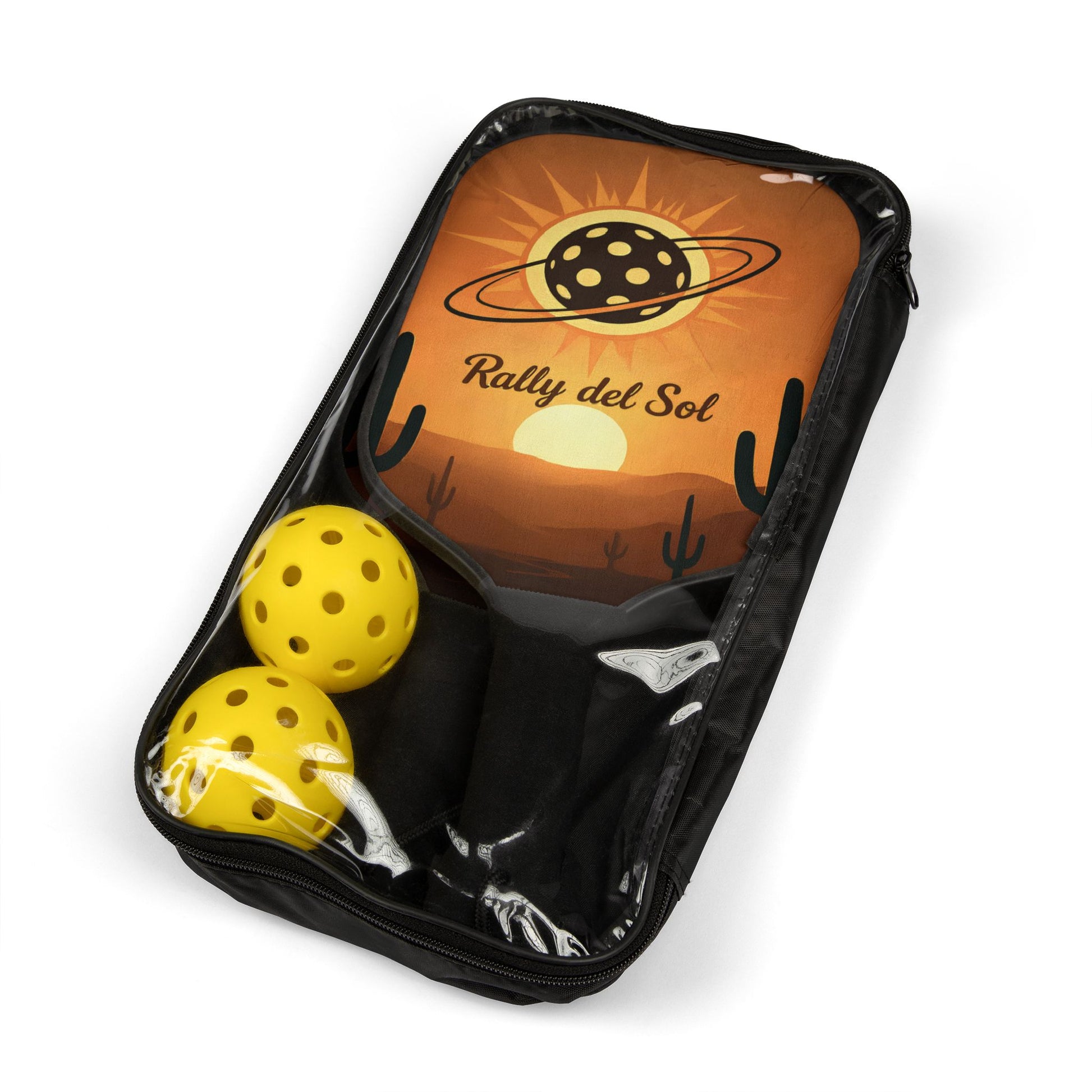 Black carrying case with yellow balls and 'Rally del Sol' design on a white background
