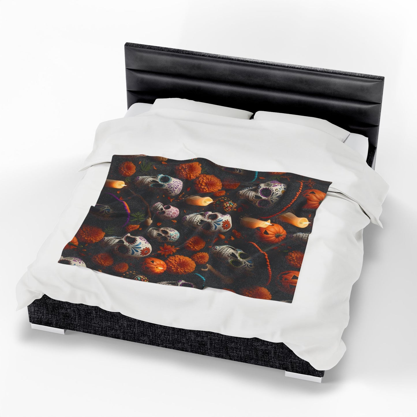 Bedding set with skull and floral design on a white background