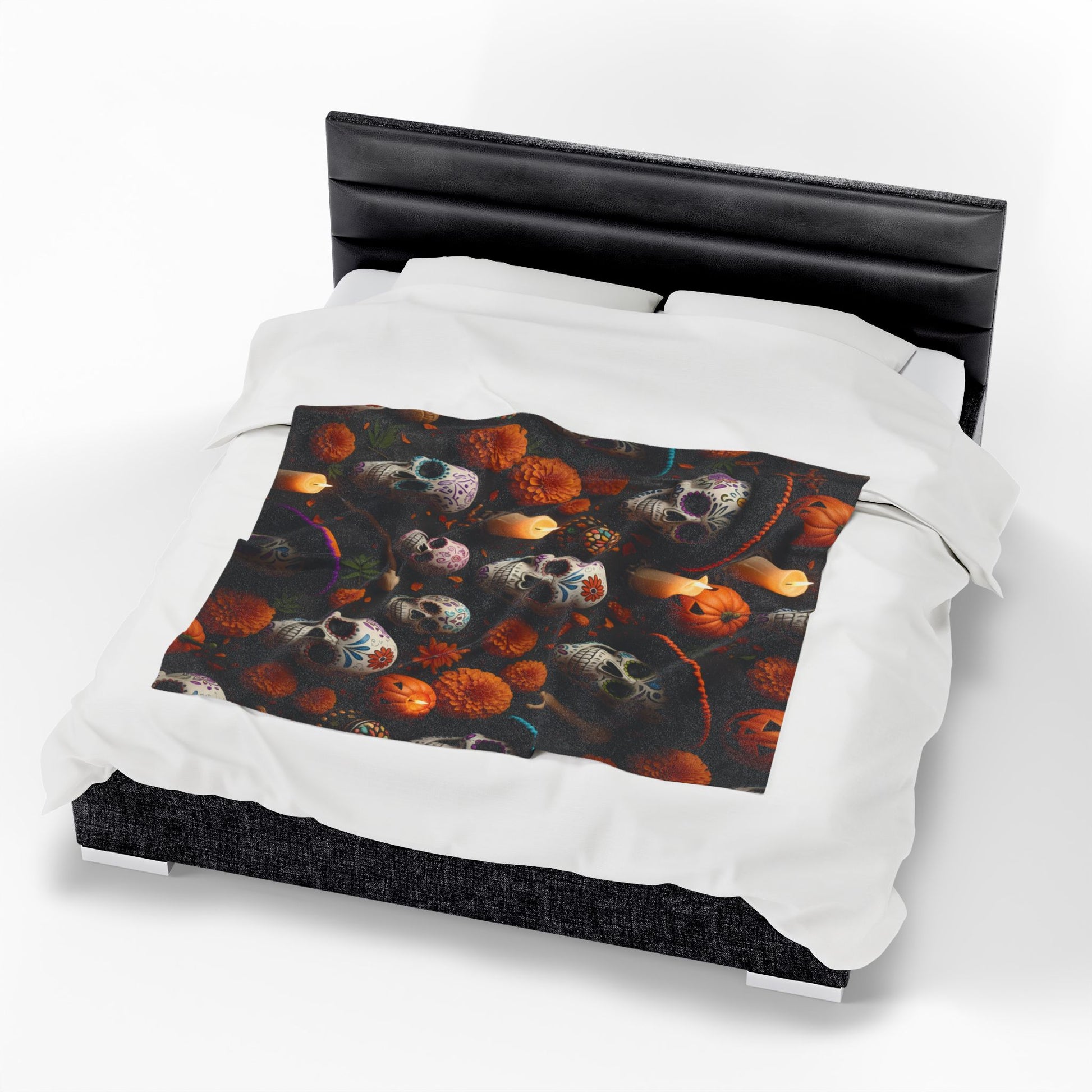Bedding set with skull and floral design on a white background